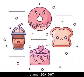 insieme di icone alimentari in stile kawaii disegno vettoriale illustrazione Illustrazione Vettoriale