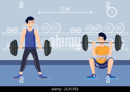 Social distancing in palestra. Le persone che fanno esercizio tenendo la distanza l'una dall'altra. Allenamento in un club sportivo dopo la quarantena del coronavirus covid-19. Illustrazione Vettoriale