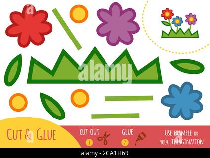 Gioco di carta di istruzione per bambini, fiori. Utilizzare forbici e colla per creare l'immagine. Illustrazione Vettoriale