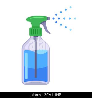 flacone trasparente di disinfettante spray. Immagine vettoriale piatta isolata su sfondo bianco. Illustrazione Vettoriale