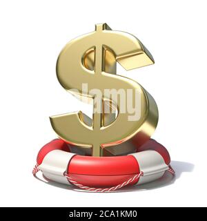 Simbolo del dollaro d'oro in lifebuoy 3D rappresentazione illustrazione isolata su sfondo bianco Foto Stock