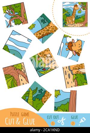 Gioco di puzzle educazione per bambini, Giraffe. Utilizzare forbici e colla per creare l'immagine. Illustrazione Vettoriale