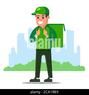 uomo di consegna del cibo in uniforme verde su uno sfondo cittadino. immagine vettoriale piatta del carattere. Illustrazione Vettoriale