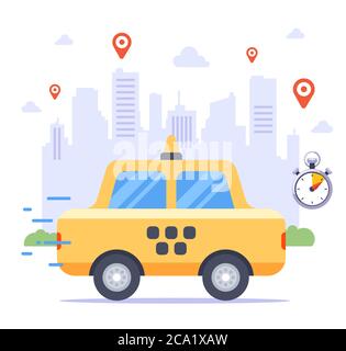 i taxi possono essere ordinati sullo sfondo della città. molti codici di ordine dei clienti. illustrazione vettoriale piatta. Illustrazione Vettoriale