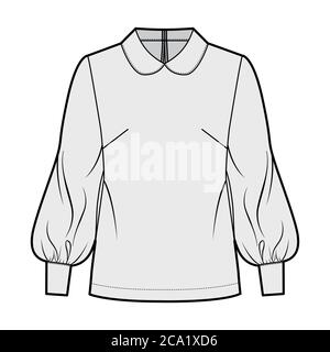 Blusa lunga a manica alfiere illustrazione tecnica di moda con colletto rotondo, foro per serratura posteriore con bottoni. Mascherina anteriore dell'abbigliamento della camicia piatta, colore grigio. Donne, uomini unisex top CAD mockup Illustrazione Vettoriale