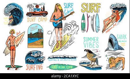 Badge Surf, logo Vintage Surfer. Onda retro e palmo. Set di pin per la California estiva. Uomo sulla tavola da surf, spiaggia e mare. Emblema inciso disegnato a mano Illustrazione Vettoriale
