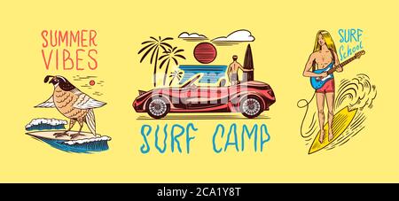 Badge Surf, logo Vintage Surfer. Retro Wave, uomo sulla tavola da surf, auto e mare e uccello. Emblema inciso disegnato a mano. Banner o poster. Sport in Illustrazione Vettoriale