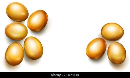 Uova di Pasqua realistiche e dorate con ombre su sfondo bianco Illustrazione Vettoriale