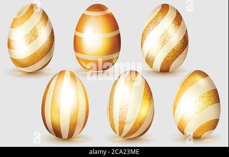 Set di realistiche uova di Pasqua dorate con riflessi, strisce dorate e ombre morbide su sfondo bianco Illustrazione Vettoriale