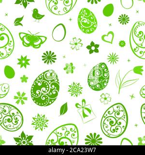 Motivo senza cuciture di uova, fiori, scatola regalo, pollo e altri simboli pasquali, verde su bianco Illustrazione Vettoriale