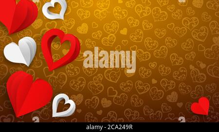 Sfondo con cuori di volume di carta, bianco e rosso su oro Illustrazione Vettoriale