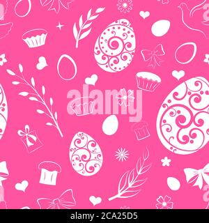 Motivo senza cuciture di uova, fiori, torta, scatola regalo e altri simboli pasquali, bianco su rosa Illustrazione Vettoriale