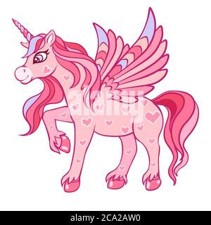 Carino unicorno rosa magico con le ali. Illustrazione per bambini. Illustrazione Vettoriale