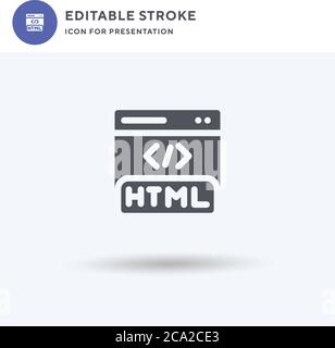 Vettore di icone HTML, segno piatto riempito, pittogramma solido isolato su bianco, illustrazione del logo. Icona HTML per la presentazione. Illustrazione Vettoriale