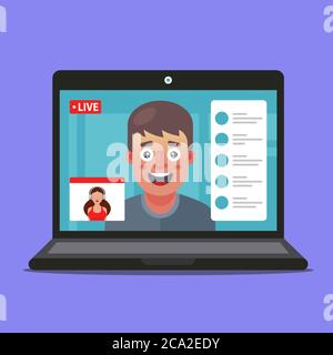 videoconferenza di una ragazza e di un ragazzo. Lavoro in ufficio remoto. Negoziati commerciali. Illustrazione vettoriale piatta dei caratteri. Illustrazione Vettoriale