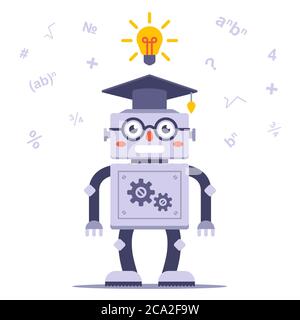 robot intelligente con occhiali risolve il problema. Illustrazione vettoriale a caratteri piatti. Illustrazione Vettoriale