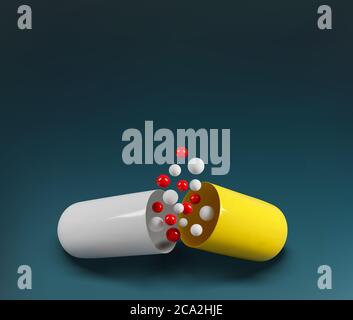 Modello medico Vectral. Capsula gialla aperta isolata su sfondo scuro. Elemento per la progettazione. Illustrazione realistica. 3d Foto Stock
