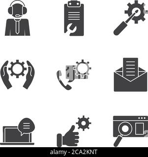 Computer portatile e icona di assistenza tecnica su sfondo bianco, stile silhouette, illustrazione vettoriale Illustrazione Vettoriale