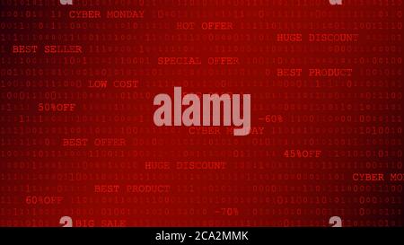 Cyber monday sfondo di zeri, uno e iscrizioni in rosso Illustrazione Vettoriale