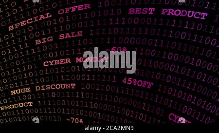 Cyber monday sfondo di zeri, uno e iscrizioni in colori viola scuro Illustrazione Vettoriale