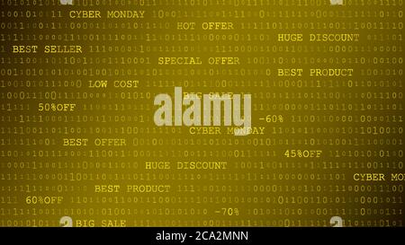 Cyber monday sfondo di zeri, uno e iscrizioni in giallo Illustrazione Vettoriale