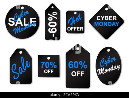 Set di etichette e tag di vendita cyber lunedì in nero e blu Illustrazione Vettoriale