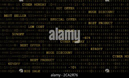 Cyber monday sfondo di zeri, uno e iscrizioni in giallo scuro Illustrazione Vettoriale