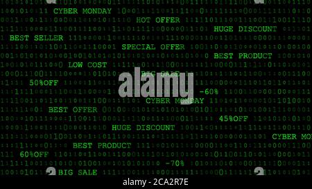 Cyber monday sfondo di zeri, uno e iscrizioni in colori verde scuro Illustrazione Vettoriale