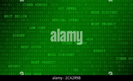Cyber monday sfondo di zeri, uno e iscrizioni in colore verde Illustrazione Vettoriale
