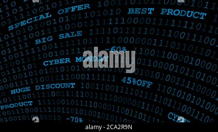 Cyber monday sfondo di zeri, uno e iscrizioni in blu scuro Illustrazione Vettoriale