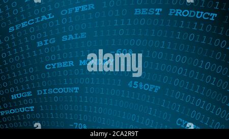 Cyber monday sfondo di zeri, uno e iscrizioni in blu Illustrazione Vettoriale