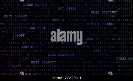 Cyber monday sfondo di zeri, uno e iscrizioni in blu scuro Illustrazione Vettoriale