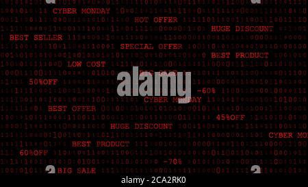 Cyber monday sfondo di zeri, uno e iscrizioni in rosso scuro Illustrazione Vettoriale