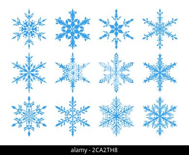 Set di fiocchi di neve blu chiaro su sfondo bianco. Illustrazione Vettoriale