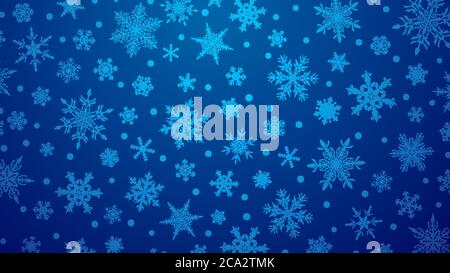 Illustrazione di Natale con vari piccoli fiocchi di neve su sfondo gradiente in colori blu Illustrazione Vettoriale