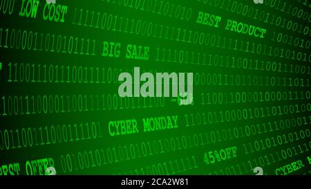 Cyber monday sfondo di zeri, uno e iscrizioni in colore verde Illustrazione Vettoriale