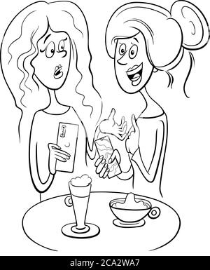 Cartoon bianco e nero Illustrazione di due donne gossiping in una pagina del libro di colorazione del caffè Illustrazione Vettoriale