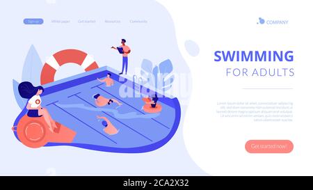 Landing page del concetto di nuoto e salvataggio della vita delle classi. Illustrazione Vettoriale