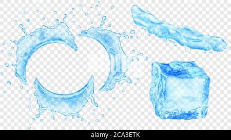 Set di schizzi d'acqua semircolari traslucidi con gocce, getto di liquido e cubetto di ghiaccio in blu chiaro, isolati su sfondo trasparente. Trasp Illustrazione Vettoriale