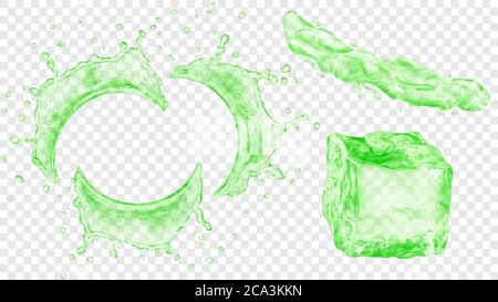 Set di schizzi d'acqua semircolari traslucidi con gocce, getto di liquido e cubetto di ghiaccio in colori verdi, isolati su sfondo trasparente. Transparenc Illustrazione Vettoriale
