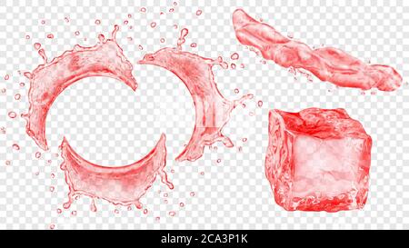 Set di schizzi d'acqua semircolari traslucidi con gocce, getto di liquido e cubo di ghiaccio in rosso, isolati su sfondo trasparente. Trasparenza Illustrazione Vettoriale