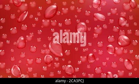 Sfondo di gocce d'acqua e bolle di diverse forme in rosso Illustrazione Vettoriale