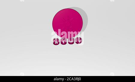 Rappresentazione in 3D di KIWI con icona sulla parete e testo disposto da lettere cubiche metalliche su un pavimento a specchio per il significato concettuale e presentazione slideshow. Sfondo e frutto Foto Stock