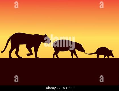 gruppo di sagome di animali selvatici nel paesaggio tramonto disegno vettoriale illustrazione Illustrazione Vettoriale