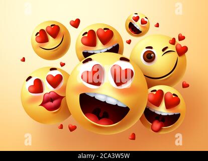Emoji smiley nel set creatore vettore amore. Emoji sorridenti con cuori e in faccia d'amore con diverse espressioni facciali per il design e il simbolo dell'emoticon Illustrazione Vettoriale