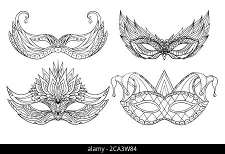 Set di maschere per le vacanze con doodle disegnate a mano. Festival Mardi Gras, masquerade. Illustrazione Vettoriale