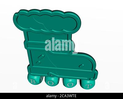 Rappresentazione 3D dello scarpone con icona sulla parete e testo disposto da lettere cubiche metalliche su un pavimento a specchio per il significato concettuale e la presentazione della presentazione. Illustrazione e sfondo Foto Stock