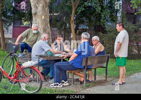 Zrenjanin, Serbia, 29 luglio 2020. I signori più anziani e i pensionati giocano le carte ogni giorno all'ombra di un grande albero. Ci sono sempre osservatori curiosi Foto Stock