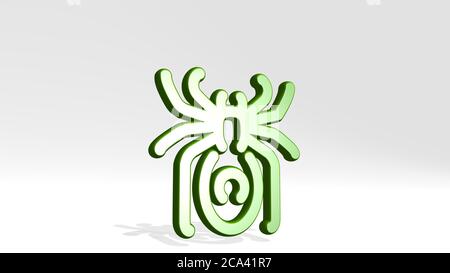 ragno da una prospettiva con l'ombra. Una scultura spessa realizzata in materiali metallici di rendering 3D, sfondo e illustrazione Foto Stock