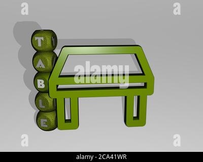 Immagine grafica 3D della TABELLA in verticale insieme al testo costruito intorno all'icona da lettere cubiche metalliche dalla prospettiva superiore. Eccellente per la presentazione concettuale e le presentazioni. Sfondo Foto Stock